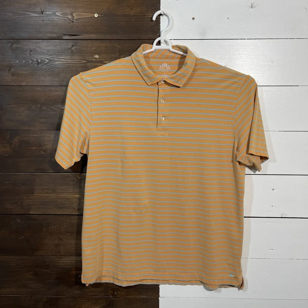 Peter Millar Polo Shirt Men's Large Orange Blue Striped‎ Cotton